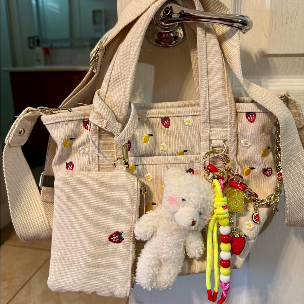 Cream and Red Tote Bag with Plush Keychain